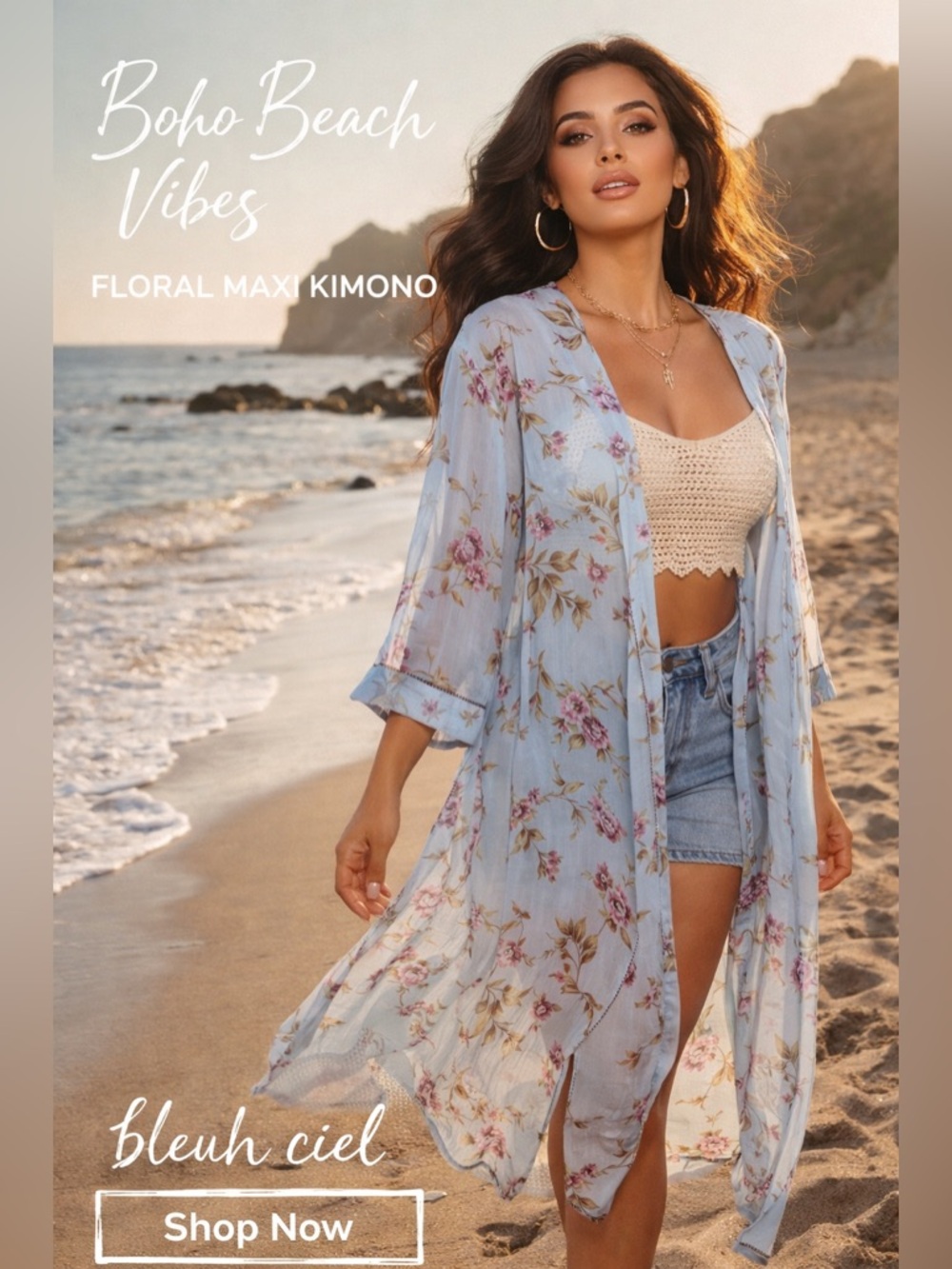 Bleuh Ciel Boho Floral Maxi Kimono Duster Robe